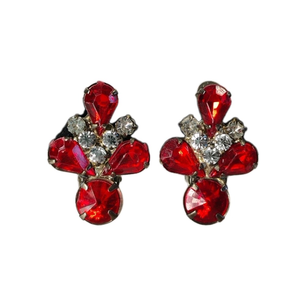 Vintage Red/Clear Rhinestone Women's Clip On Earrings
